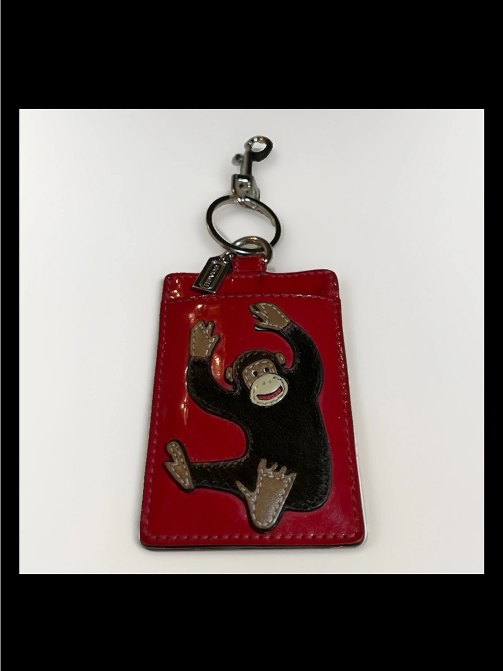 Coach Monkey Bag Charm/Lanyard- Brown Haircalf Fur, Red Patent Leather RARE 2016